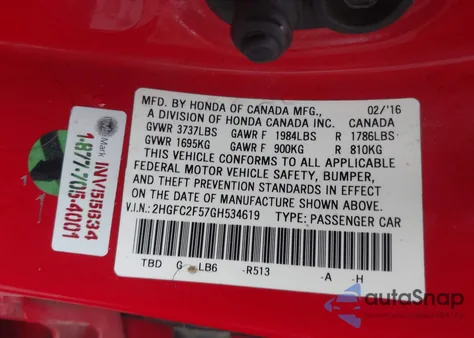 2016 Honda Civic Lx z USA, uszkodzony, nr VIN 2HGFC2F57GH534619